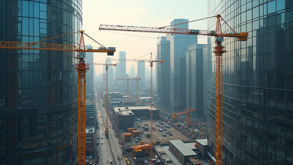High angle view of a modern urban construction site with cranes and machinery