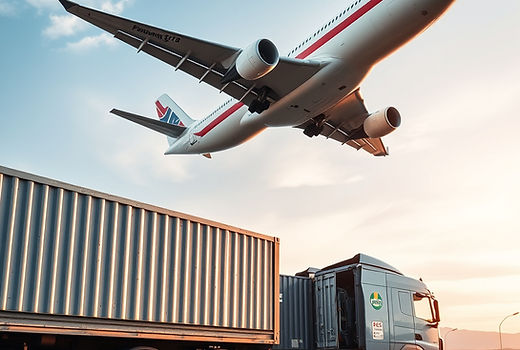 airplane flying above a truck with cargo