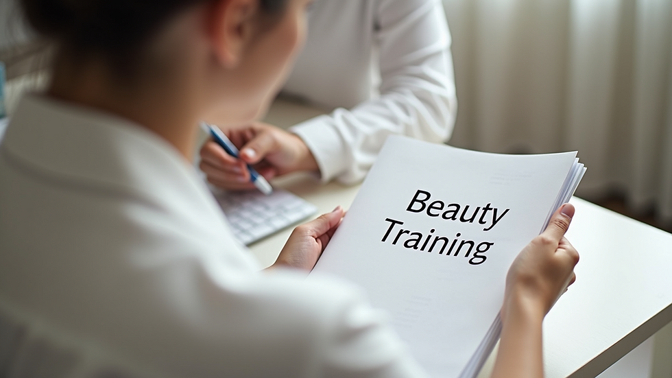 Eye-level view of a beauty training manual open on a desk