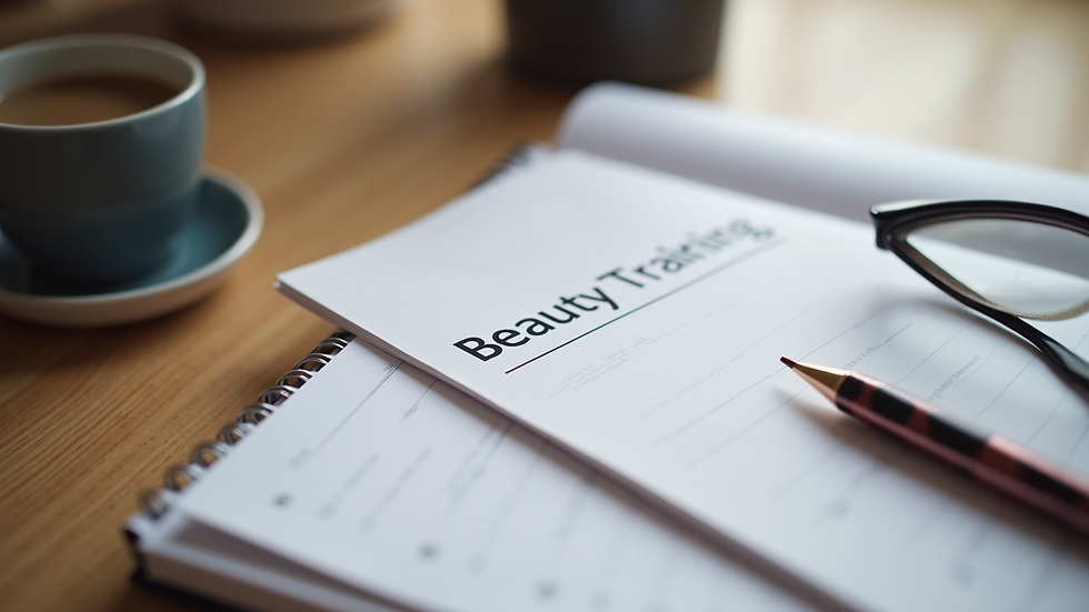 Close-up view of a beauty training manual and notes on a desk