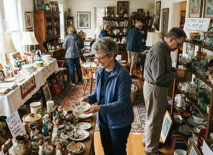 do a picture of an estate sale featuring a few people inside looking at items.jpg