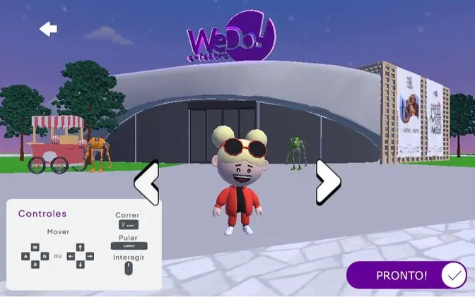 Avatar diante do prédio virtual do e-Teatro WeDo!, na plataforma onde o prêmio acontece