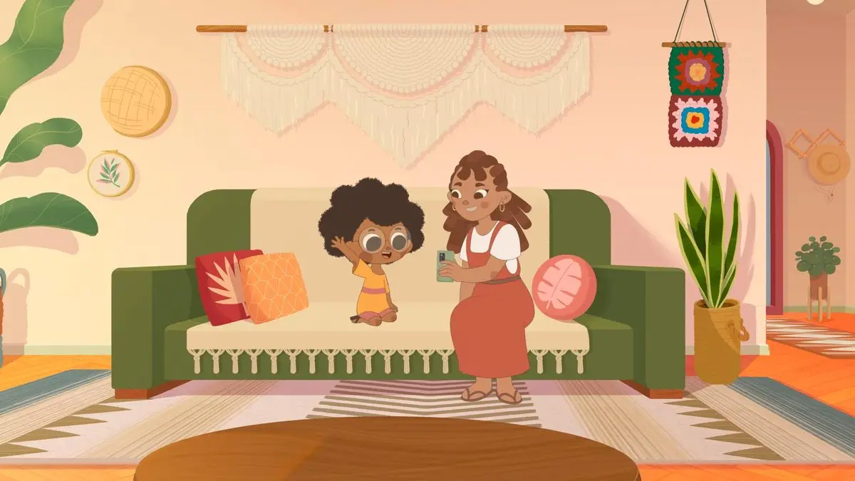 Quadro de animação: mãe e filha no sofá olhando o celular