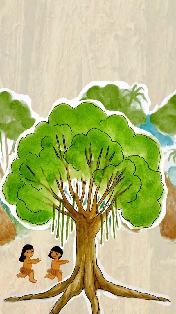 A árvore milenar em aquarela, com duas crianças indígenas correndo até ela