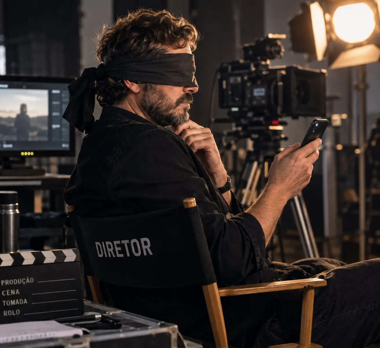 Diretor de olhos vendados na cadeira de diretor, olhando o celular