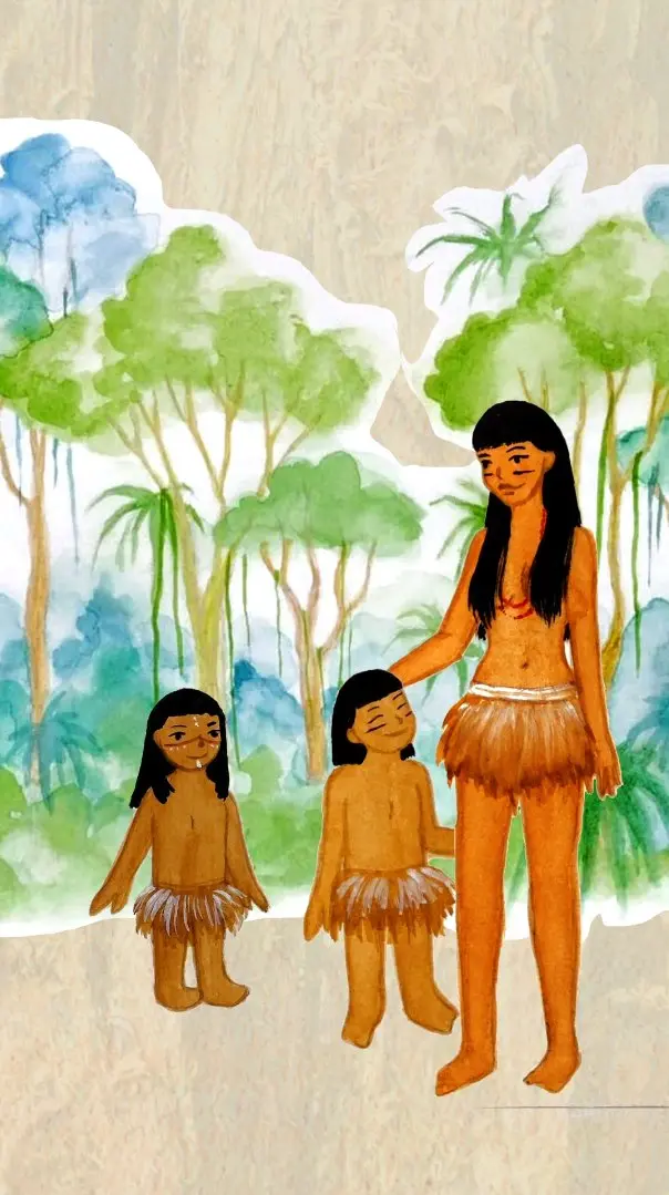 Mãe indígena e duas crianças diante da floresta em aquarela