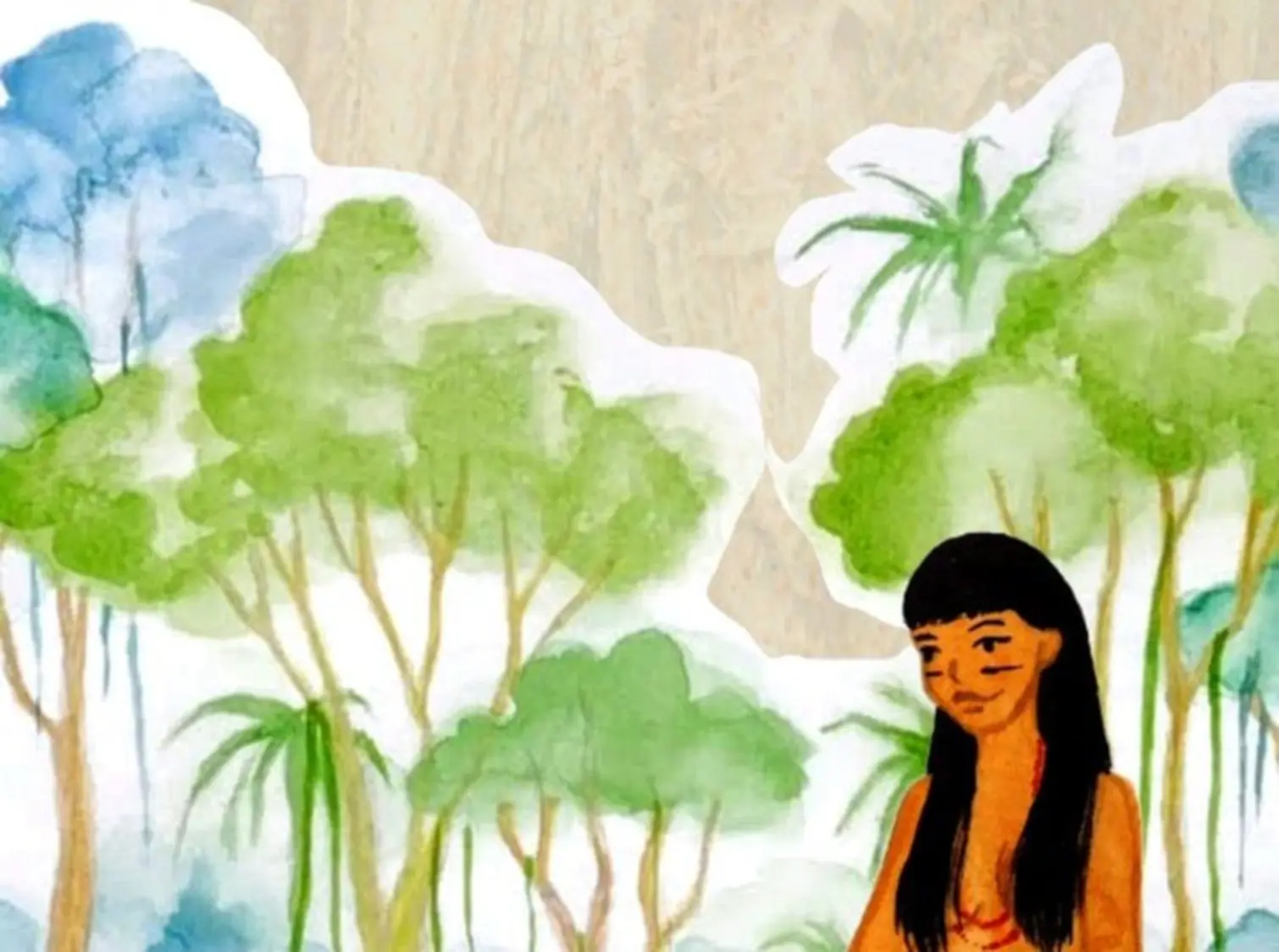Ilustração em aquarela de uma floresta, com uma mulher indígena em primeiro plano