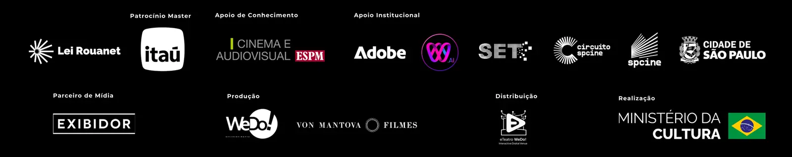 Lei Rouanet. Patrocínio Master: Itaú. Apoio de Conhecimento: Cinema e Audiovisual ESPM. Apoio Institucional: Adobe, W.AI, SET, Circuito Spcine, Spcine, Cidade de São Paulo. Parceiro de Mídia: Exibidor. Produção: WeDo! e Von Mantova Filmes. Distribuição: e-Teatro WeDo!. Realização: Ministério da Cultura.