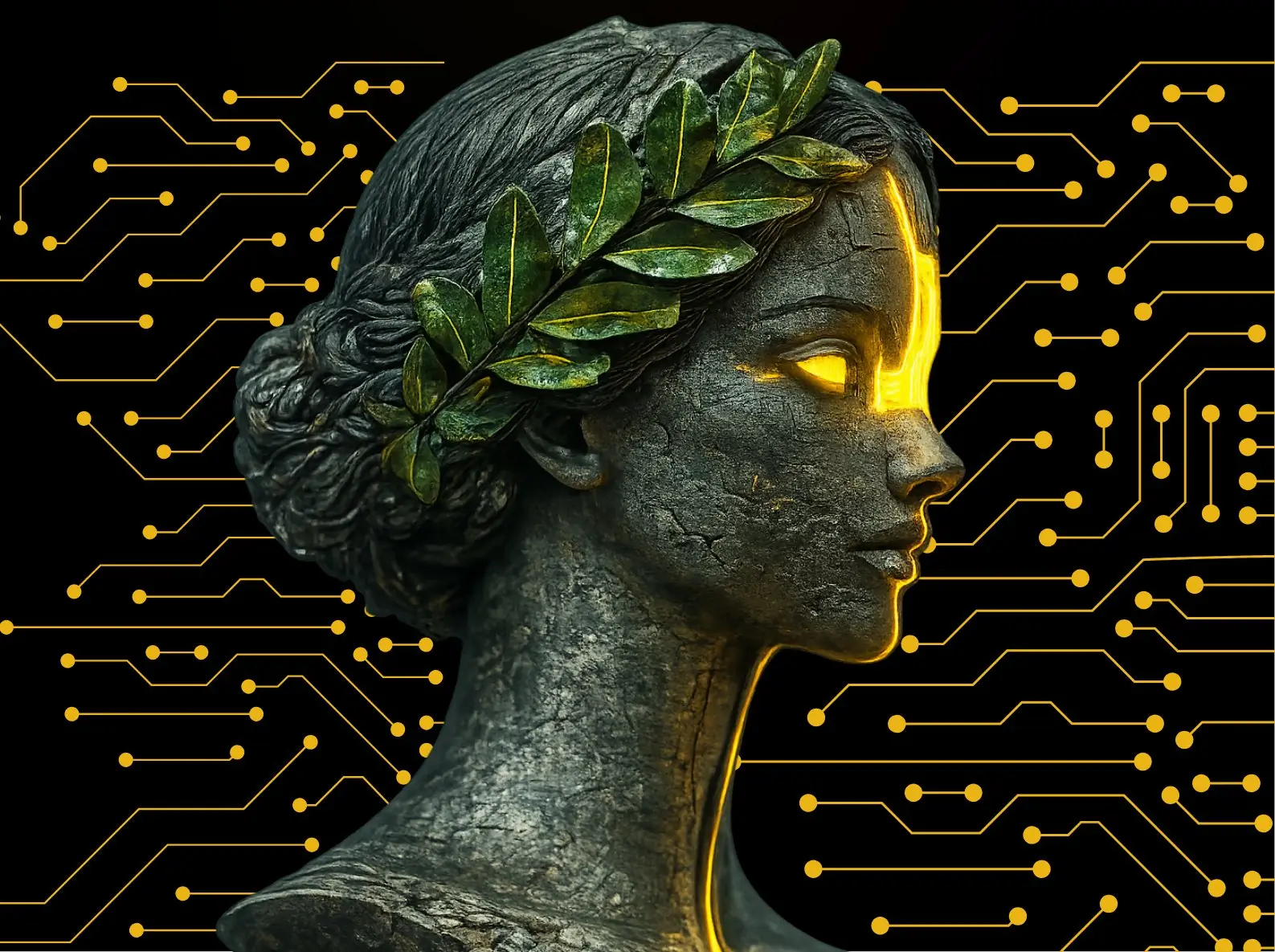 Arte do AI Film Awards Brasil: estátua coroada de louros, com olho luminoso amarelo, sobre circuitos