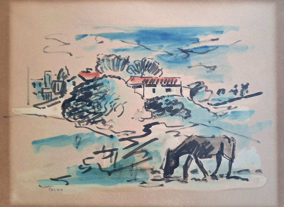 David Hendler Israel Original Watercolor Painting Pastoral Landscape with Grazing Donkey | Gallery Aviv
