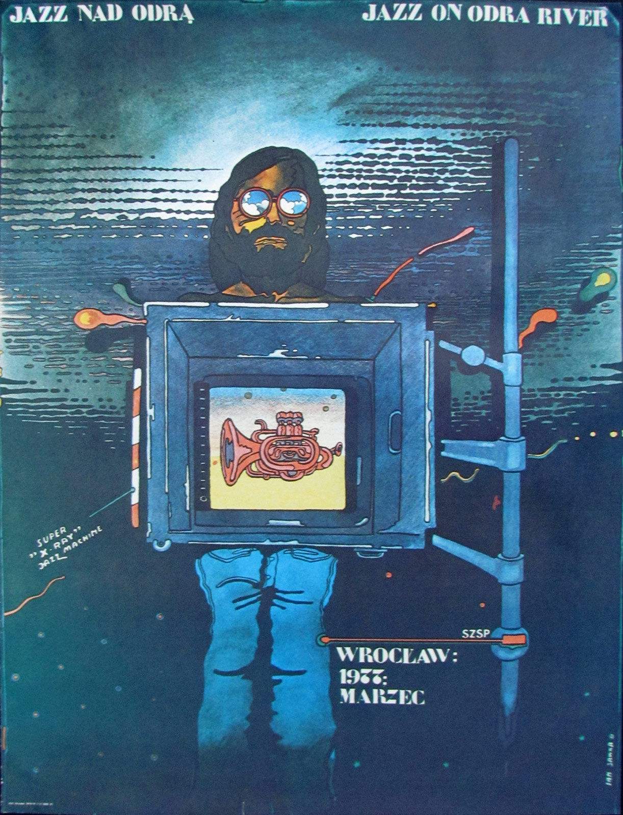 Sawka Jazz Poster Original 1979 Polish Festival Odra River Trumpet X Ray Machine Art | Gallery Aviv