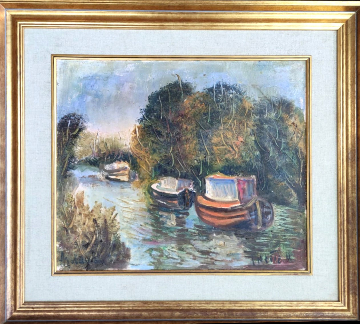 Albert Goldman Original Boats on the River Oil Painting | Gallery Aviv