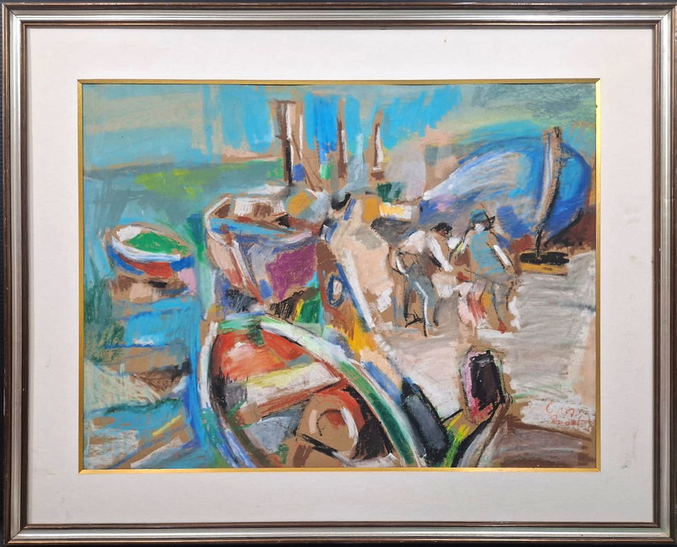 Yehoshua Front Original Semi Abstract Harbor Boats Pastel on Paper Framed | Gallery Aviv