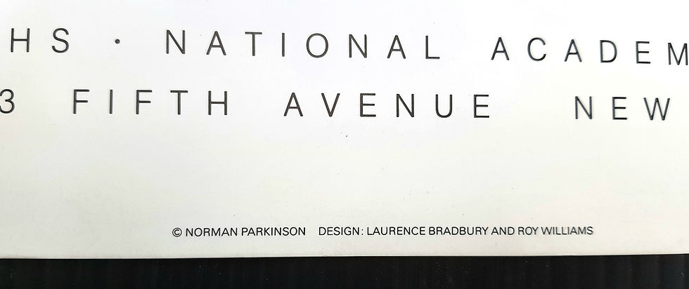 Thumbnail: Norman Parkinson Evening Dress Poster Bottom Margin Gold Typography and Bancrest London Publishing Credit Detail