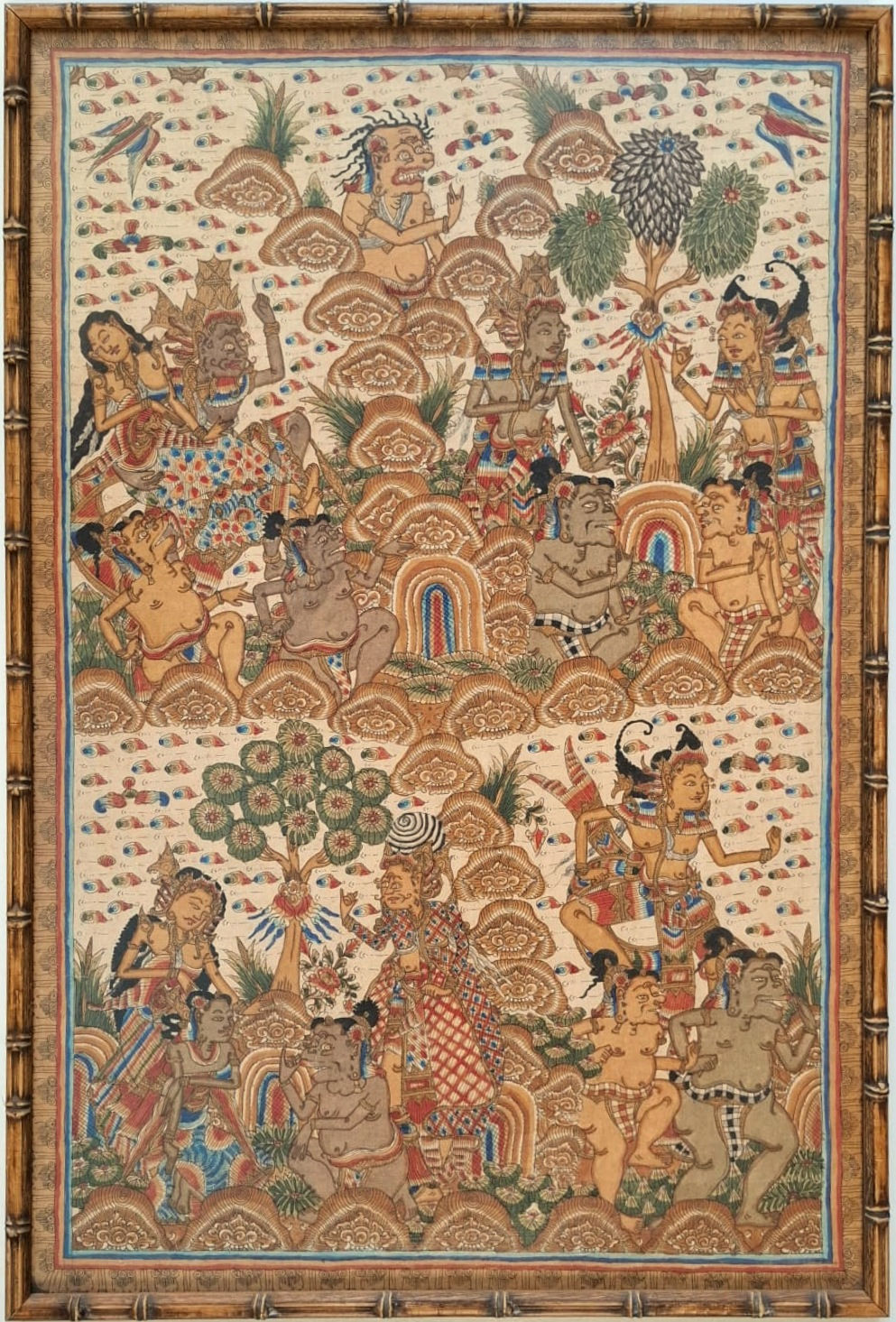 A vertical vintage Balinese Kamasan painting on cloth inside a bamboo-style frame, showing two tiers of intricately painted H