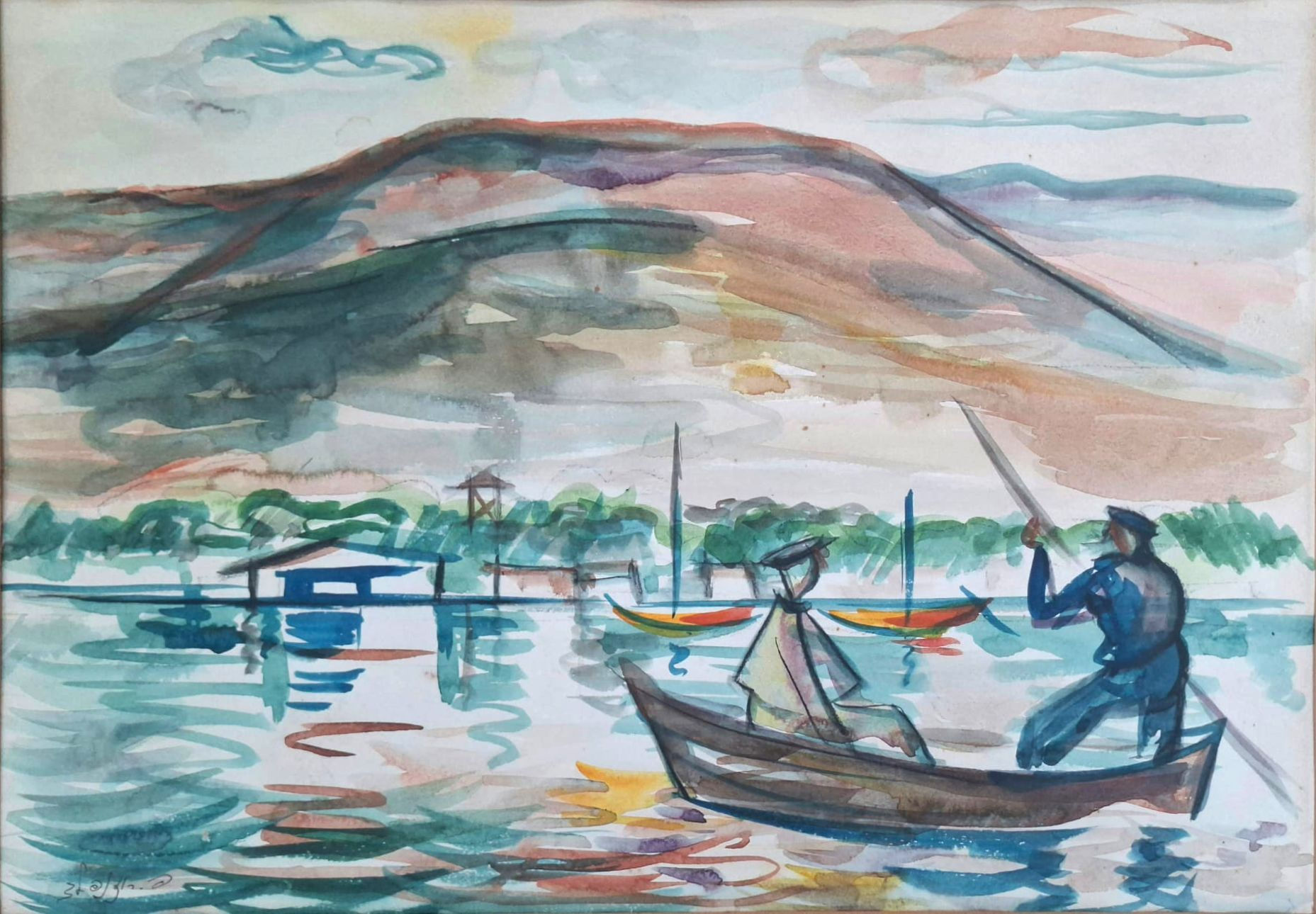 Peri Rosenfeld Tiberias Watercolor Painting featuring fishermen in wooden boats with mountains in the background