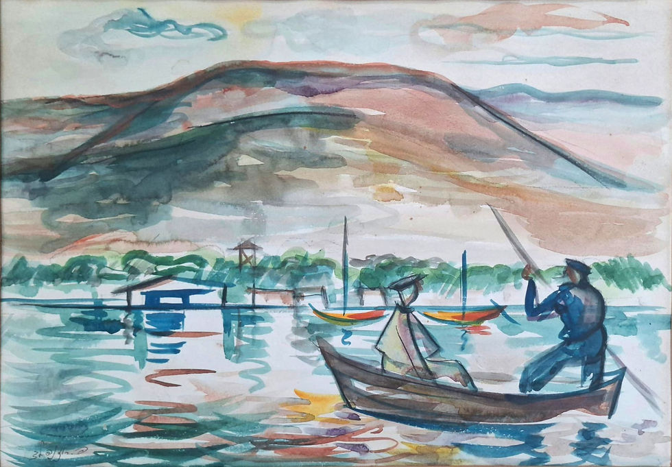 Peri Rosenfeld Tiberias Watercolor Painting featuring fishermen in wooden boats with mountains in the background