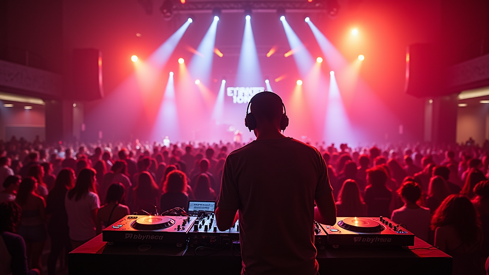 Wide angle view of a DJ performing at a vibrant music festival