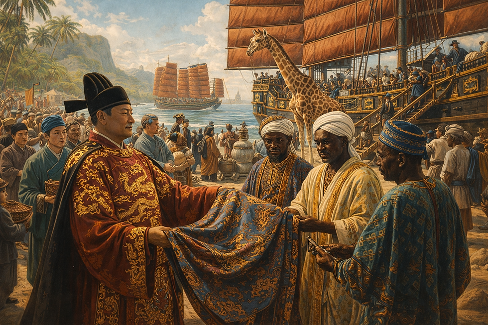 Trịnh Hòa tặng lụa cho các quan chức địa phương, trong khi một con hươu cao cổ đang được dẫn lên tàu tại một bến cảng trên bờ biển Đông Phi.