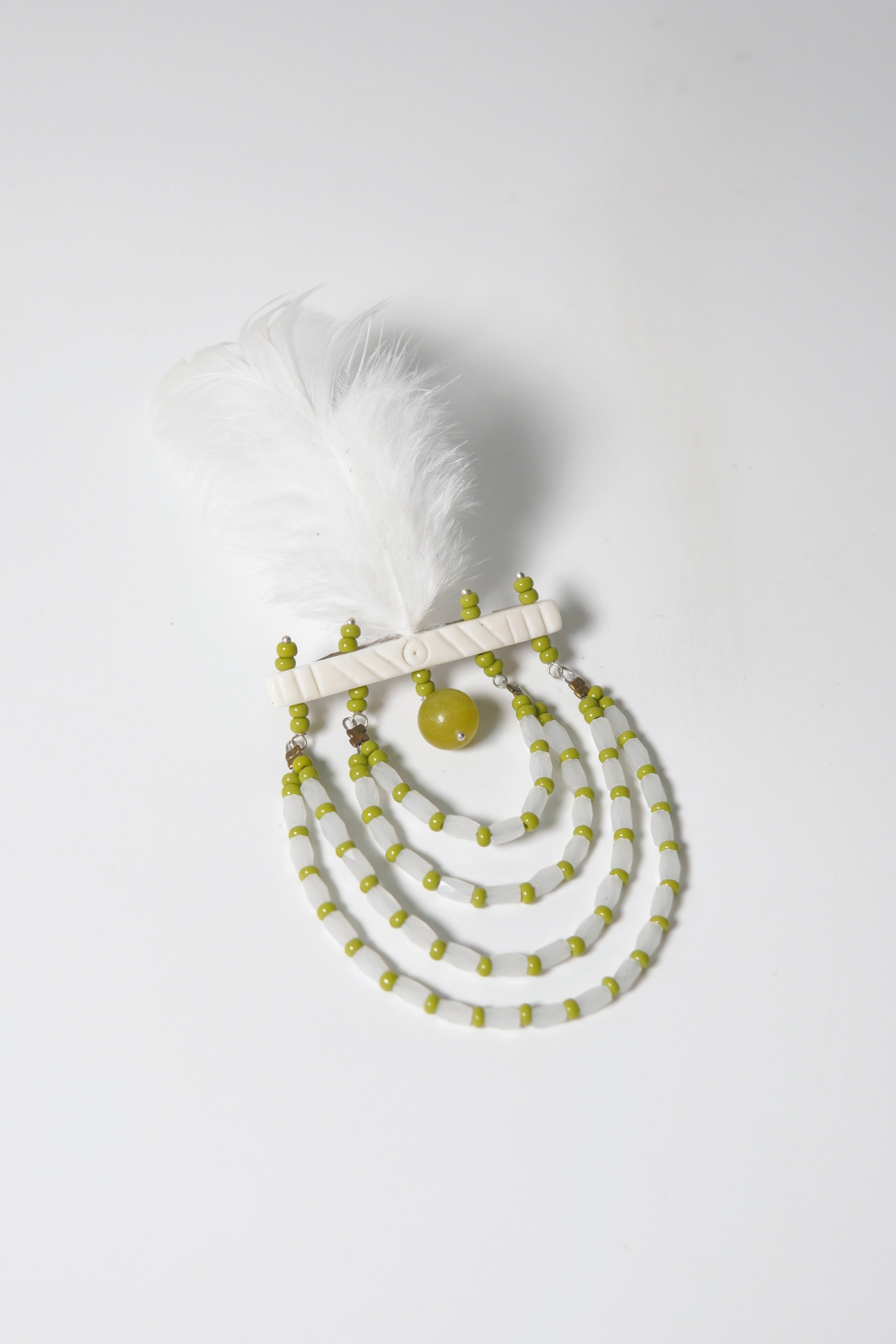 White Lime Green Feather Tribal-inspired Brooch 