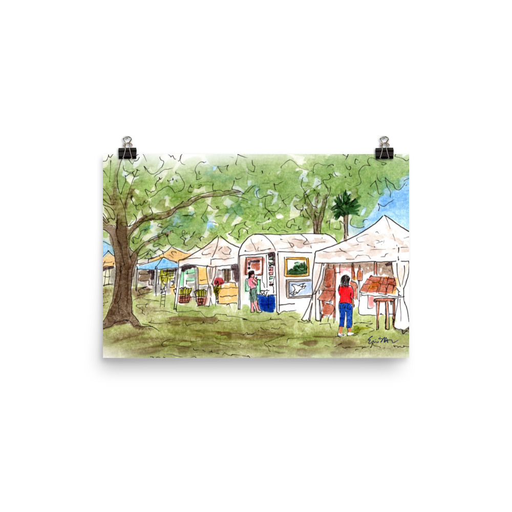 Watercolor painting of a bustling outdoor market with vendors and shoppers; Traveling St. Pete.