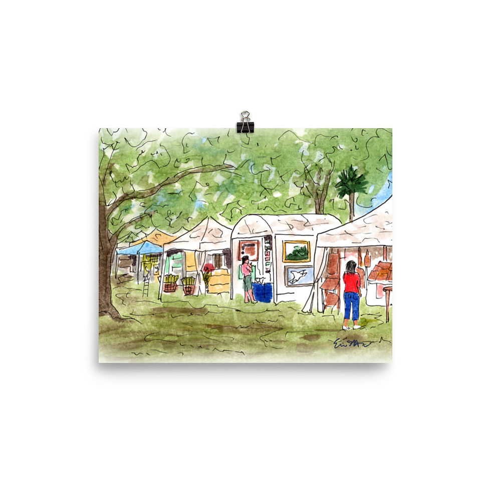 Thumbnail: Watercolor art print of an outdoor market with booths and people, Traveling St. Pete.