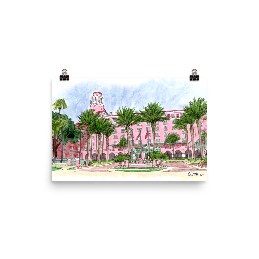 Watercolor painting of The Don CeSar Hotel, pink building and palm trees, Traveling St. Pete.