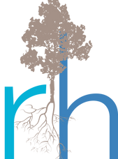 Business logo, lower case r and lower case h in blue with a tree and root system outline in taupe