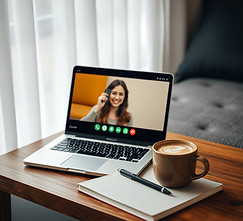laptop with a zoom call on it with small icons of women, happy, coffee notebook and pen ne