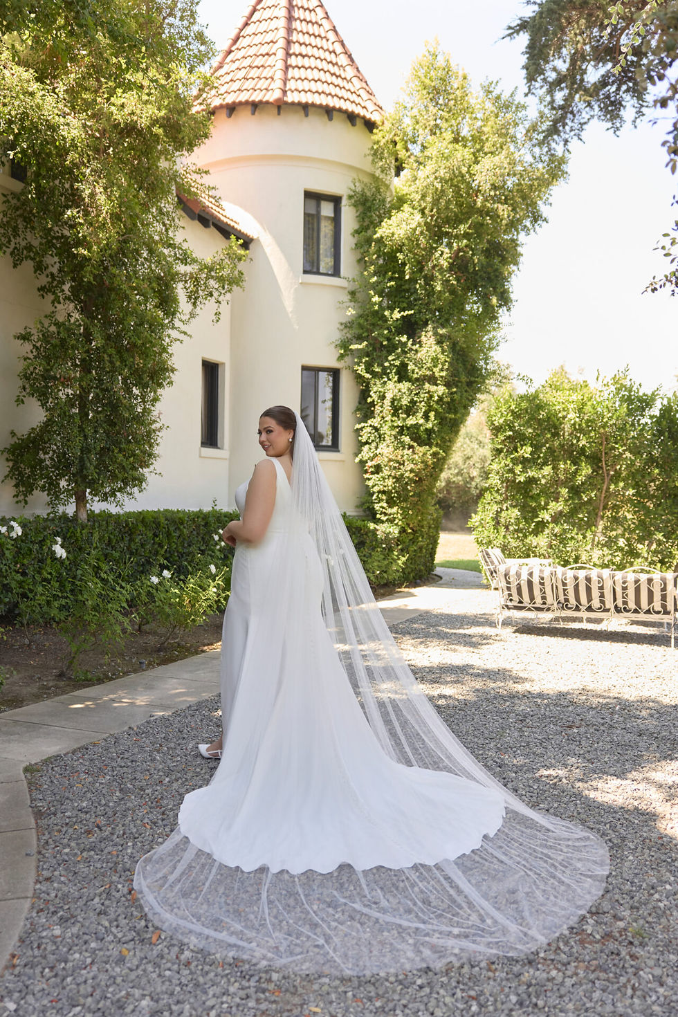 Thumbnail: Essense of Australia D4439 Ellery bridal gown, highlighting its sleek crepe silhouette and chapel train paired with a veil