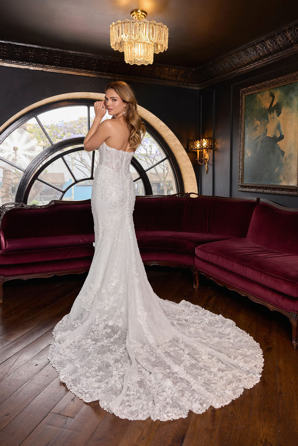 Thumbnail: Essense of Australia D4368 Evon fit-and-flare wedding dress, featuring a dramatic scalloped lace train and elegant corset-sty