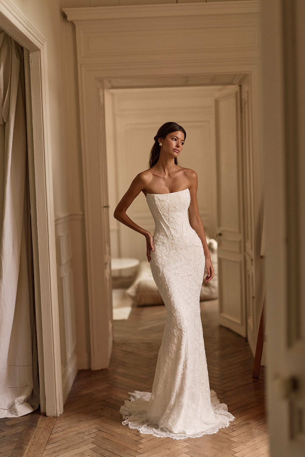 Thumbnail: Designer wedding gown Evolis by Milla Nova Lorenzo Rossi with off-the-shoulder neckline and refined detailing