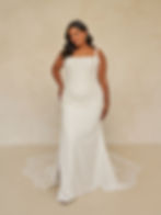 Wright by Madi Lane wedding dress, a minimalist fitted crepe gown with square neckline, wide straps, soft column silhouette