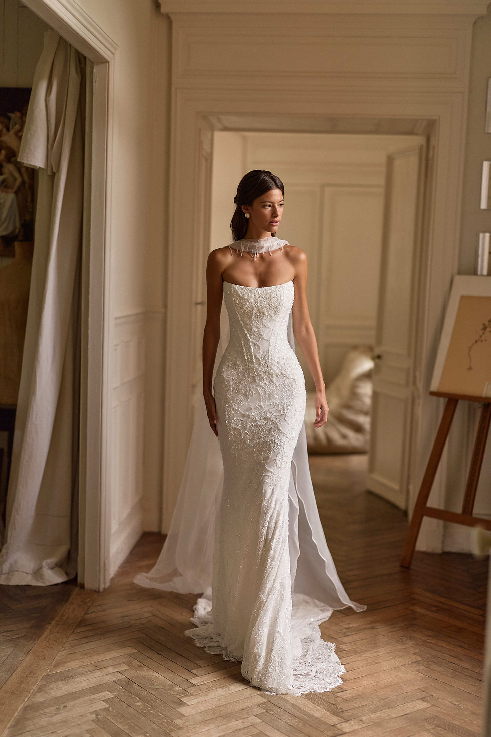 Evolis by Milla Nova Lorenzo Rossi off-the-shoulder wedding dress with fitted silhouette and subtle embellishment