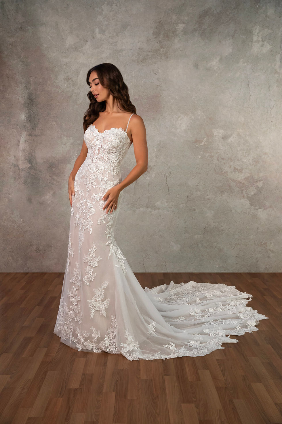 Thumbnail: Essense of Australia D4344 Eleni fitted lace bridal gown, showcasing its sweetheart neckline and long detailed lace train