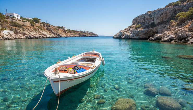 Eye-level view of a small boat anchored in a clear Rhodes bay for snorkelling