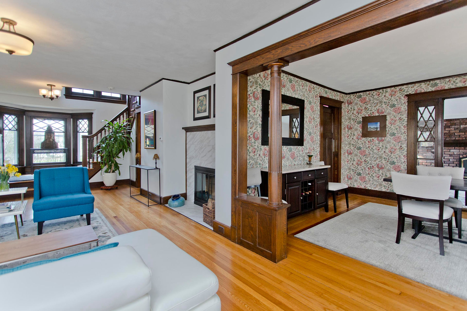 A large dining room in an open layout home. 