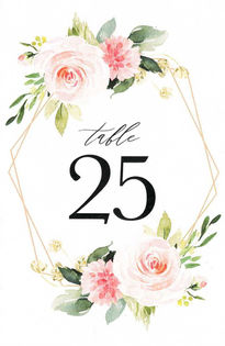 A paper table number label for a wedding; pink roses surround a gold frame and a black text reading "table 25"