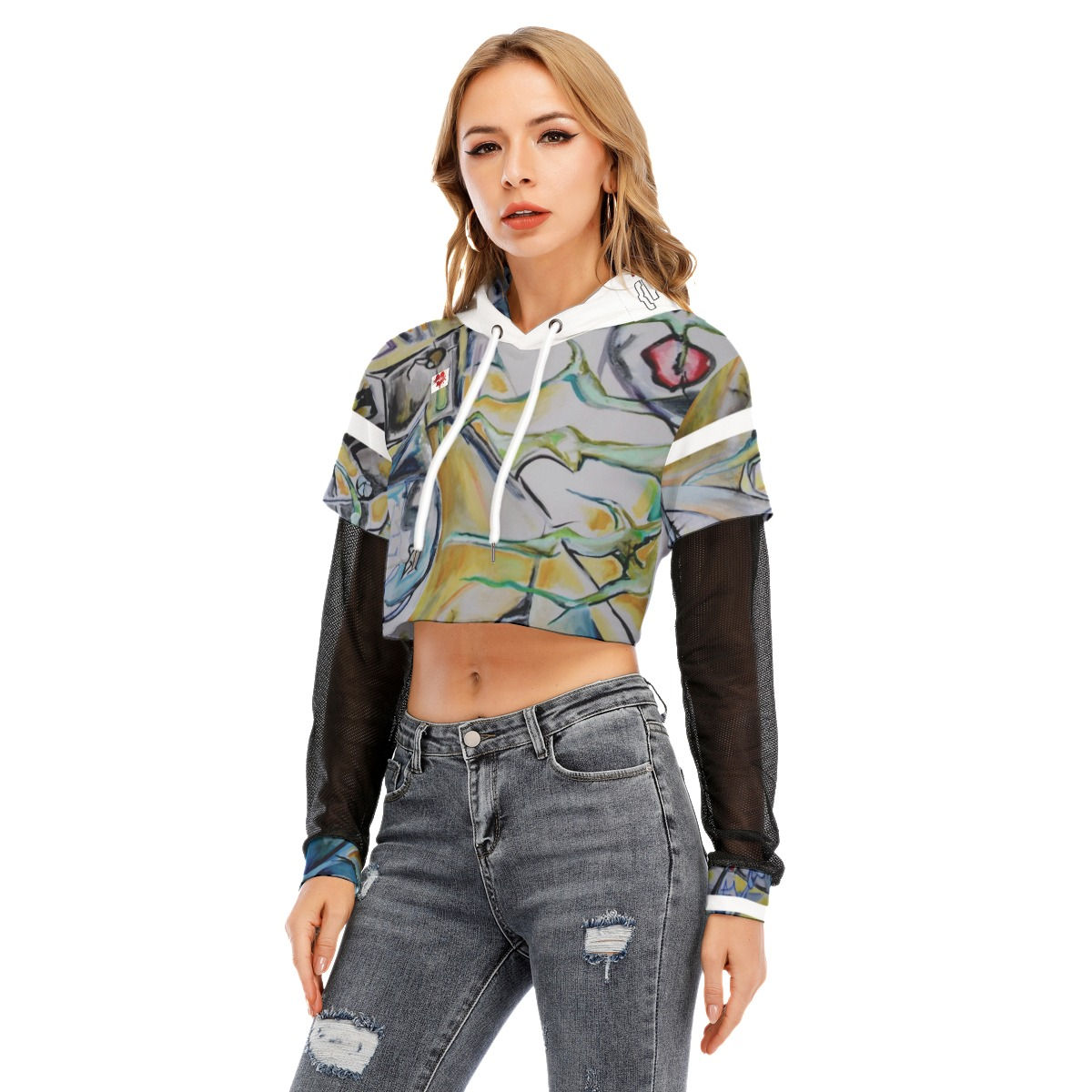 All-Over Print Women's Fake Two-piece Mesh Sleeve Cropped Hoodie