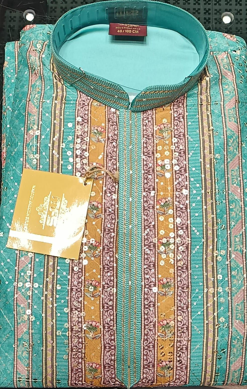 Embroidered Striped Turquoise Kurta