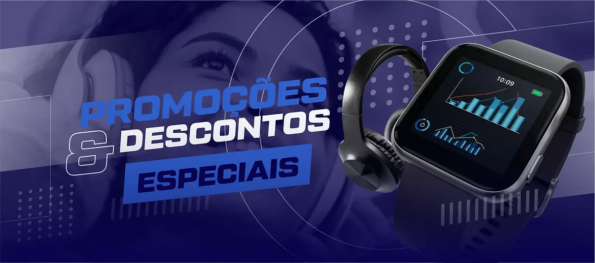 Banner de Promoções e Descontos Especiais com smartwatch e fones de ouvido.