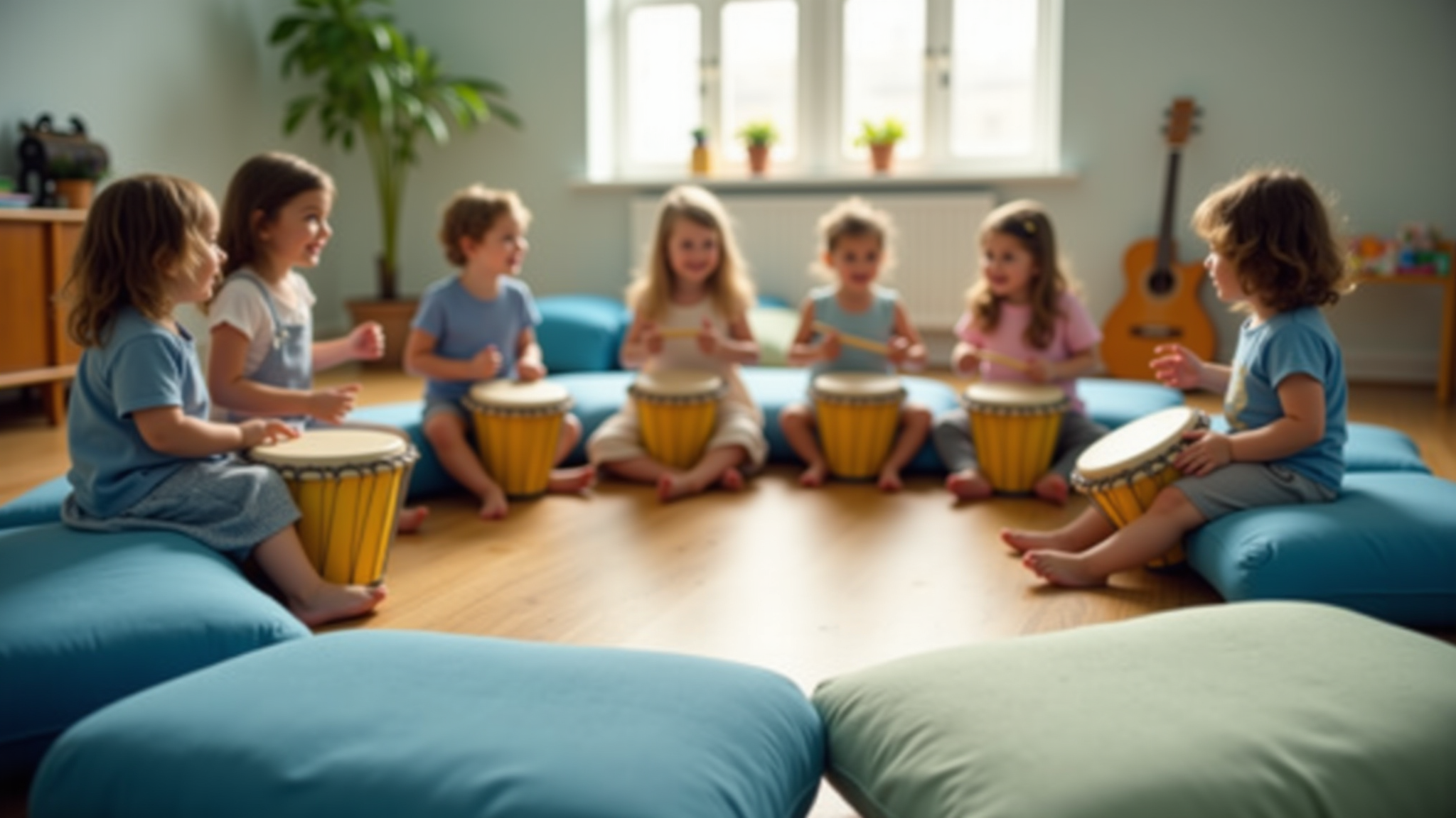 Children sitting on pillows in a circle on the floor playing drums with their hands