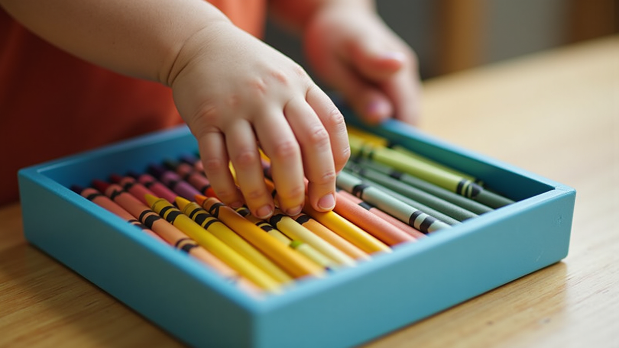 child's hand selecting a crayons from an open box