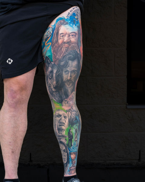 Harry Potter tattoo realistic Harry Potter portrait, Dumbledore tattoo, Hagrid tattoo, Voldemort tattoo, Snape tattoo, Hermione tattoo, Luna lovegood tattoo, Done by Maryssa anne at odyssey art collective in Cary NC