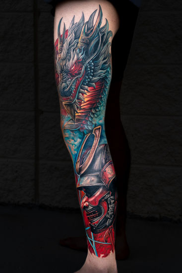 Japanese leg sleeve samurai dragon tattoos, Maryssa Anne Tattoo in Cary North Carolina, Large scale surrealism