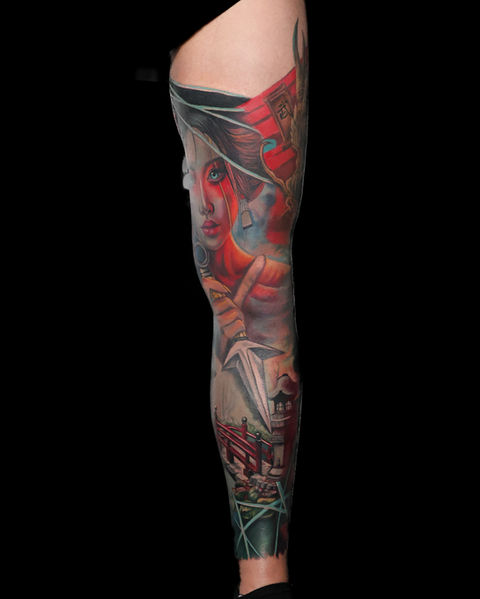Japanese leg sleeve samurai dragon tattoos, Maryssa Anne Tattoo in Cary North Carolina, Large scale surrealism