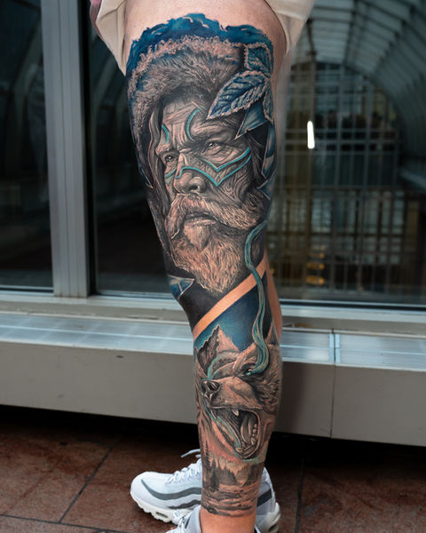 Large scale Inuit tattoo bear tattoo realistic black and grey leg sleeve, Maryssa Anne in Cary North Carolina at Odyssey art collective