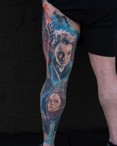 Harry Potter tattoo realistic Harry Potter portrait, Dumbledore tattoo, Hagrid tattoo, Voldemort tattoo, Snape tattoo, Hermione tattoo, Luna lovegood tattoo, Done by Maryssa anne at odyssey art collective in Cary NC
