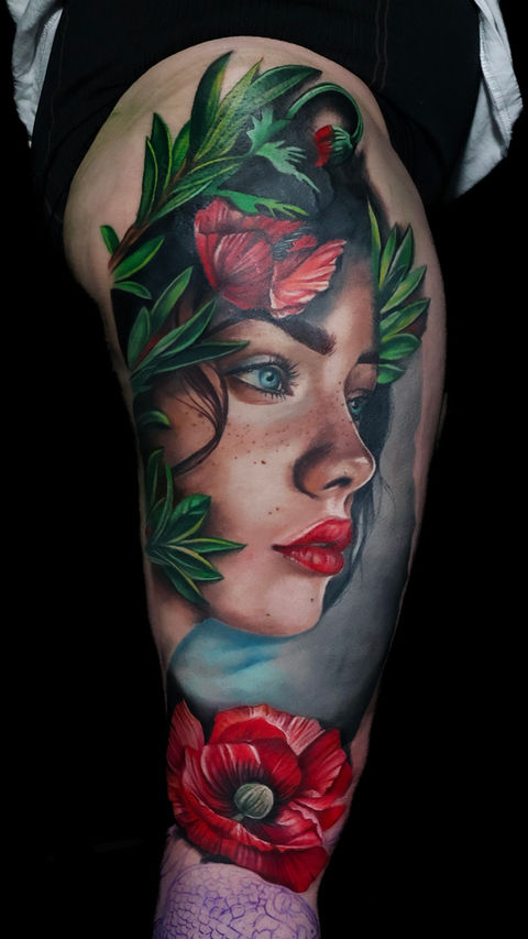 Large scale tattoo portrait lady face, color tattoos, done in Cary NC by Maryssa Anne