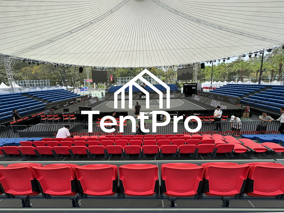 TentPro large event tent installation with red stadium seating.